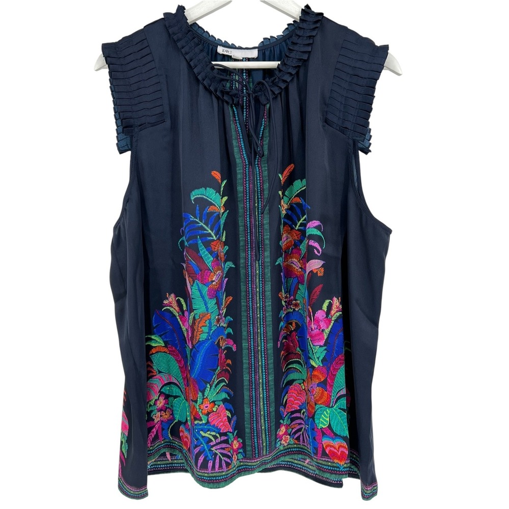 DR2 Top Womens XXL Navy Blue Tropical Floral Pleated Ruffle Sleeveless Boho Chic